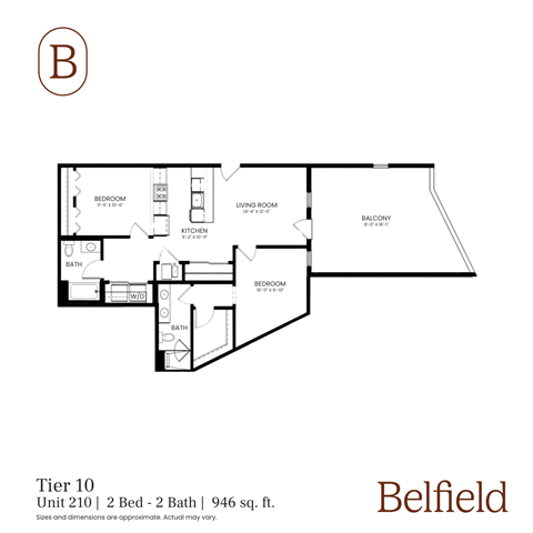 Floor plan for 2 beds, 2 baths, 946 sqft
